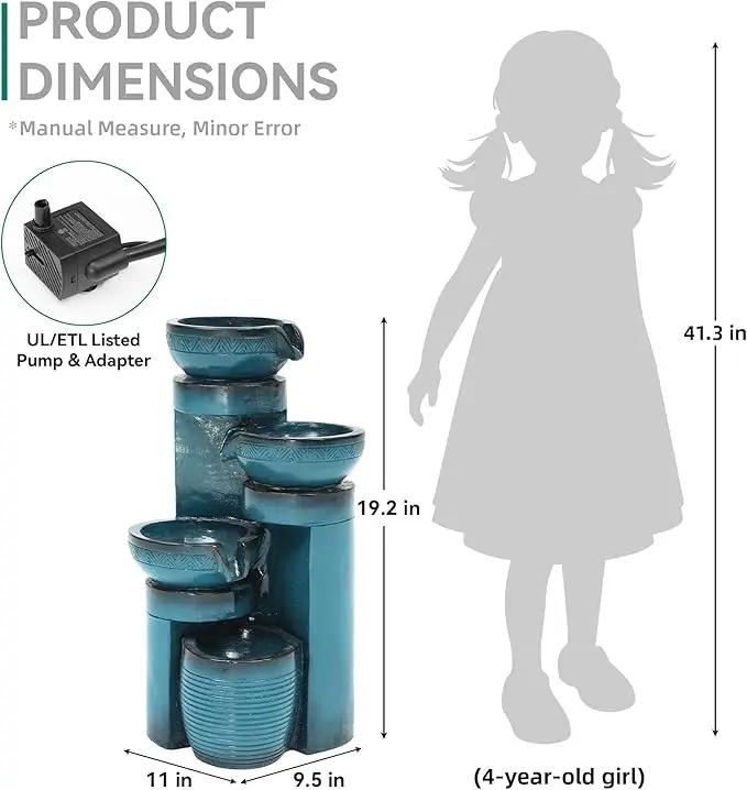 Autodaya 19.3" H Pedestal Outdoor Water Fountain with LED Lights and Pump, 4-Tier Cascading Water Feature, Tranuil Waterfall for Relaxing Garden, Patio, Yard, or Porch, Turquoise, Faux Ceramic Finish by GreenHaven Gardens
