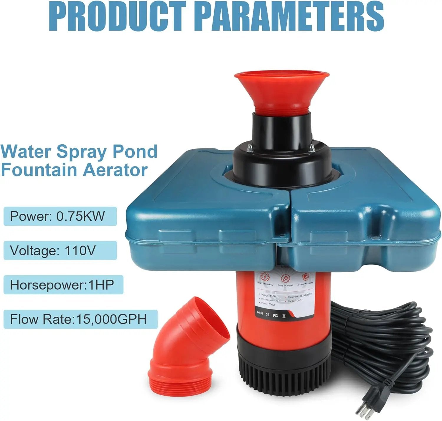 Goldlife Pond Fountain Aerator, F1-4 1HP 750W 110V PowerfuI Floating Pond Fountain Pump With 100 FT Power Cord, Outdoor Pond Aerating Fountains Cascade Pump for Small Large Ponds Lake Pond Jet System by GreenHaven Gardens