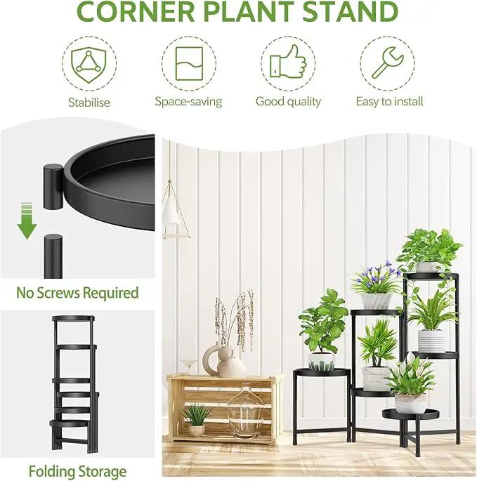 iDavosic.ly 6 Tier Large Plant Stand Indoor with 10 Inch Wide Tray, Tiered Corner Metal Outdoor Flower Display Holder Shelf, Folding Tall Rack for Patio Porch Living Room, Modern Black by GreenHaven Gardens