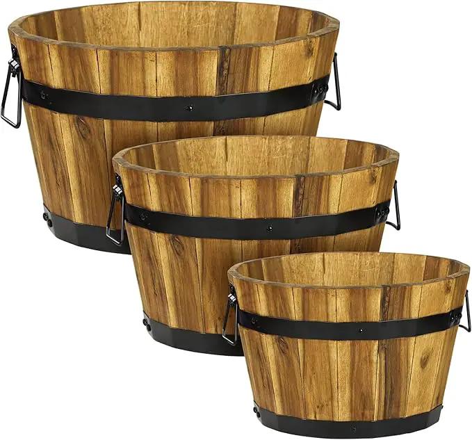 IDZO Set of 3 Wooden Flower Planters for Outdoor Plants, Acacia Wood Barrel Planters, Ergonomic Handles, Drainage Holes, Various Sizes, Golden Teak by GreenHaven Gardens