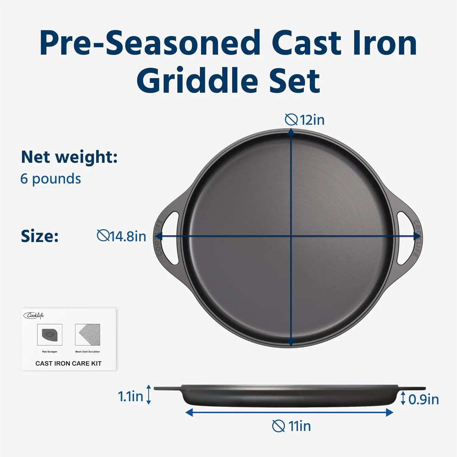COOKLIFE 12 Inch Lightweight Pre-Seasoned Cast Iron Griddle with Cleaning Kit - Smooth Polished Surface, Easy to Clean Cast Iron skillets Use in the Oven, on the Stove or Grill, Over a Campfire by GreenHaven Gardens