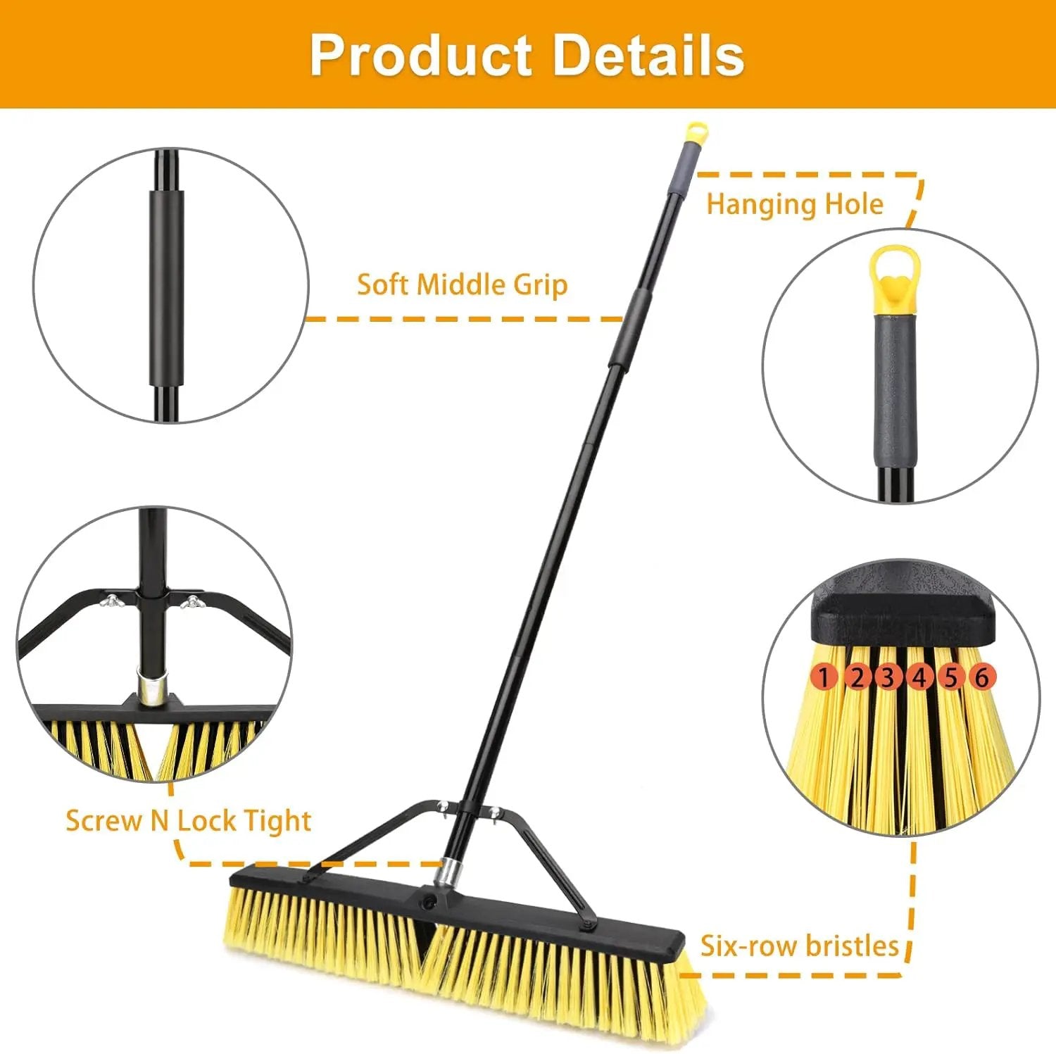 24 Inches Push Broom Outdoor Heavy Duty Broom with 63" Long Handle for Deck Driveway Garage Yard Patio Concrete Floor Cleaning Yellow by GreenHaven Gardens