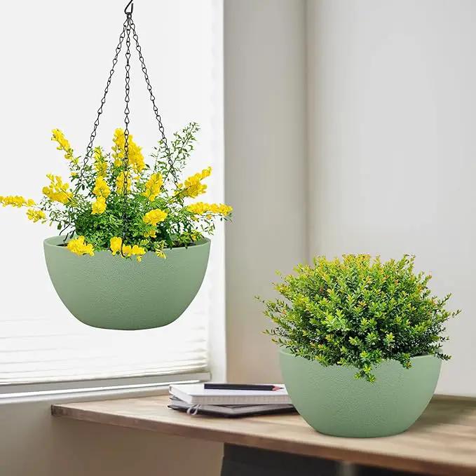 10 inch Hanging Planters Plant Pots for Indoor Outdoor Plants, 2 Pack Hanging Flower Pots with Drainage Holes and Chain for Garden Porch, Plastic Hanging Baskets for House Plants, Green by GreenHaven Gardens