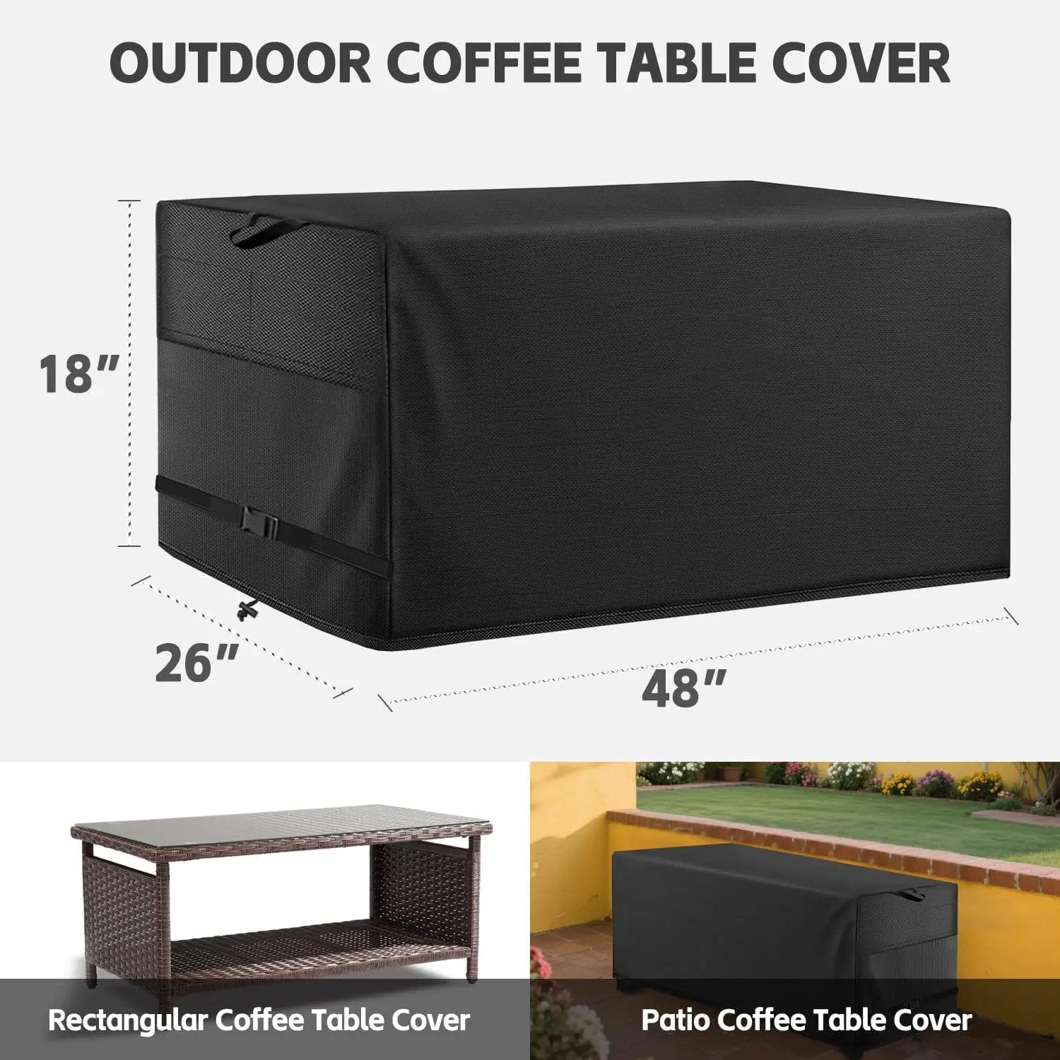 Patio Coffee Table Cover Black Heavy Duty Waterproof Cover 48" L x 26" W x 18" H for Rectangular Coffee Table by GreenHaven Gardens