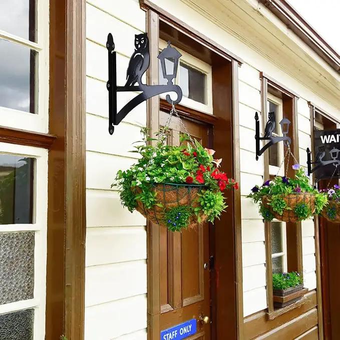 Iron Plant Hangers Outdoor, Metal Plant Hooks for Hanging Baskets, Bird Feeders, Lanterns, Flower Pots, Wall Mount Hanging Plant Holder (Owl & Street Light) by GreenHaven Gardens