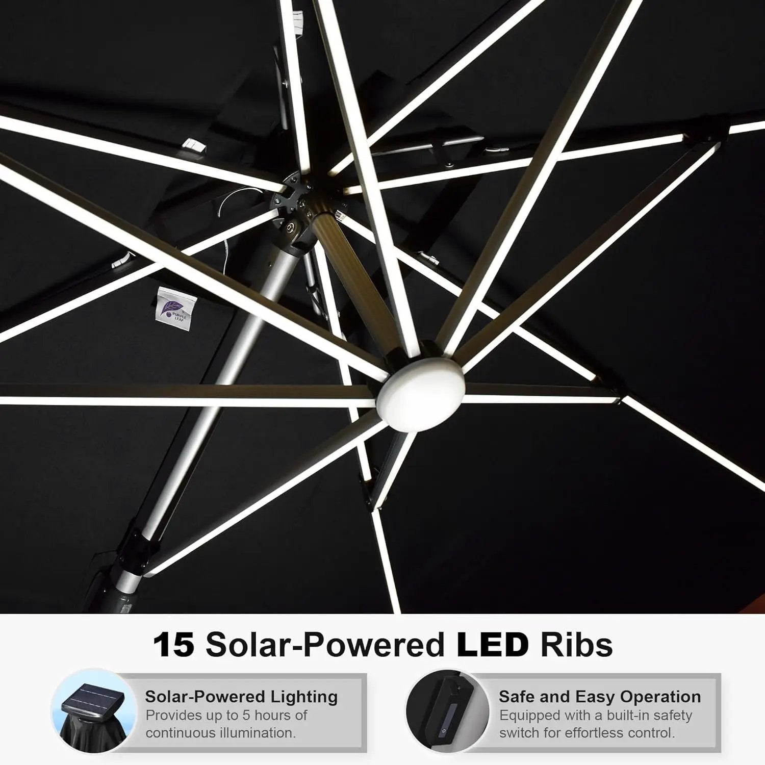 PURPLE LEAF 11 Feet Double Top Deluxe Solar Powered LED Square Patio Umbrella Offset Hanging Umbrella Outdoor Market Umbrella Garden Umbrella, Black by GreenHaven Gardens