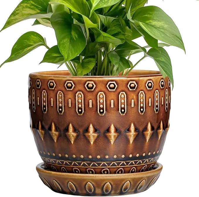 G EPGardening 5.5 Inch Plant Pot - Ceramic Planter for Indoor Outdoor Plants, Boho Round Indoor Flower Pot with Drainage Hole and Saucer, Housewarming Gifts, Garden Home Room Decor, Brown by GreenHaven Gardens