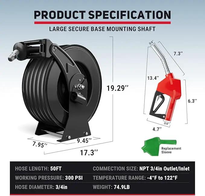 Fuel Hose Reel 3/4" x 50FT Retractable Diesel Hose Reel 300PSI Ratchet Spring Driven Hose Holder Reel Heavy Duty Industrial Steel with Fueling Nozzle for Aircraft Tank Truck Trailer Ship, Black by GreenHaven Gardens