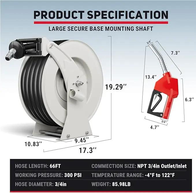 Retractable Fuel Hose Reel, 3/4 in × 66 ft Rubber Hose Heavy Duty Steel Professional Spring Driven Diesel Hose Reel with Fueling Nozzle Max 300PSI Auto Rewind Quick for Ship Vehicle Tank Truck by GreenHaven Gardens