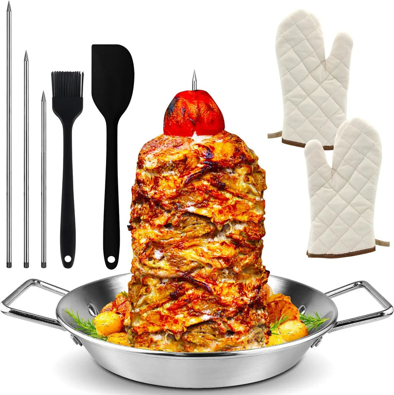 Al Pastor Skewer for Grill -Vertical Barbecue Stand Al Pastor, Kebabs, Shawarma, Gyros, with 10.5 inch base plate and 3 detachable sharp barbecue accessories (8”/10"/12”)& Brushes，Barbecue gloves by GreenHaven Gardens