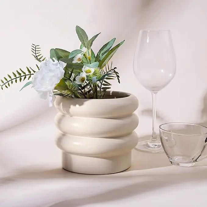 Tiered Bubble Ceramic Plant Pot, Creamy White 6 Inch Ceramic Planter with Drainage Holes, Ceramic Flower Pot with Mesh Pad, Rubber Plugs, Ceramic Pots for Indoor Plants Outdoor, Modern Décor by GreenHaven Gardens