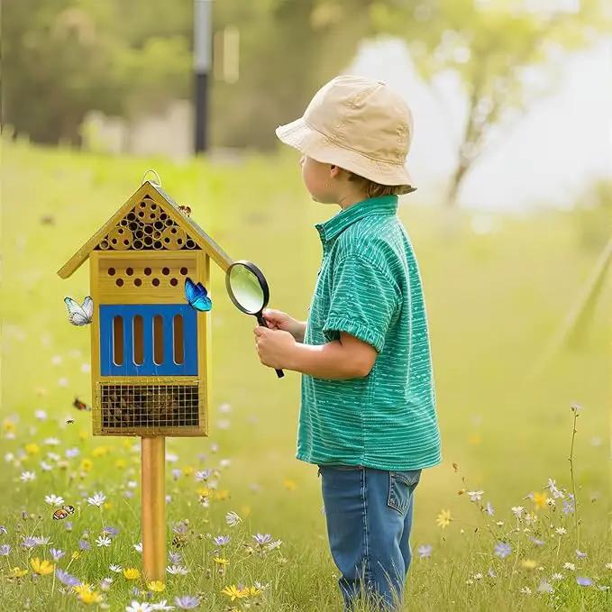 Wooden Butterfly House & Bee House for The Garden, Durable Bug Hotel W/Wooden Stake and Iron Roof, Insect Habitat On The Ground Or Hanging On The Tree, for Butterfly, Bee, Ladybug, Bug by GreenHaven Gardens