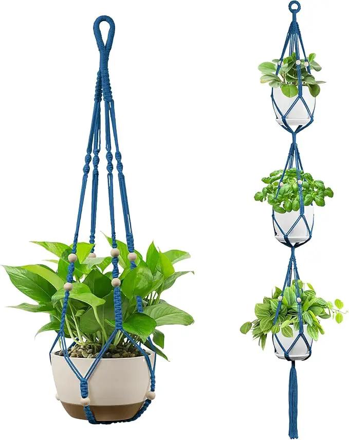 USLAI Macrame Plant Hanger Indoor Outdoor, Up to 4-15 inch Pot, Heavy 20lb Planters, Extra Long Strong Hanging Planter Basket Holder, Boho Home Decor, 35+72 Inch, Blue (POTS NOT Included) by GreenHaven Gardens