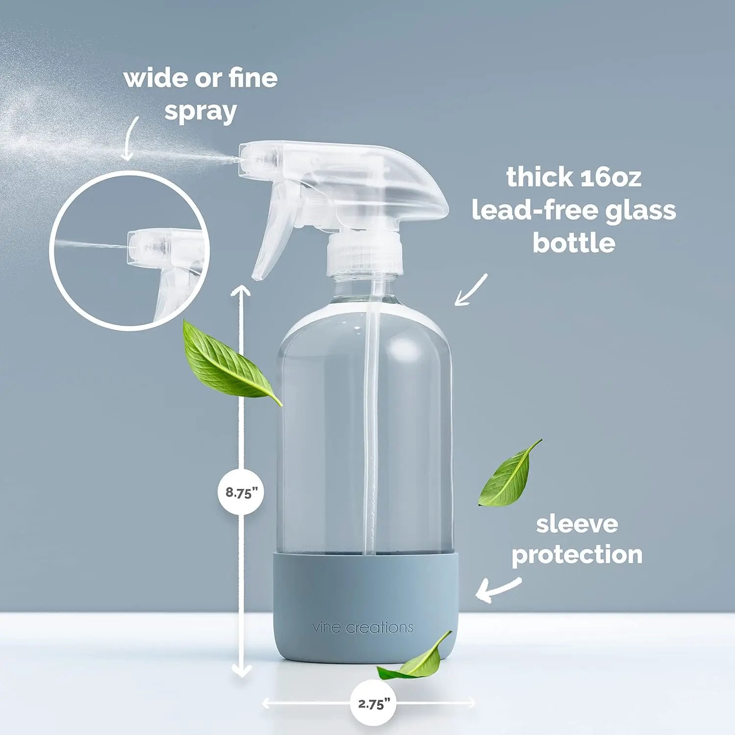 Vine Creations Glass Spray Bottles for Cleaning Solutions, Clear Glass Spray Bottle with Silicone Sleeve, 16 oz Empty Spray Bottles for Cleaning, Plant Spray Bottle, Mist and Stream Nozzle - 2 Pack by GreenHaven Gardens