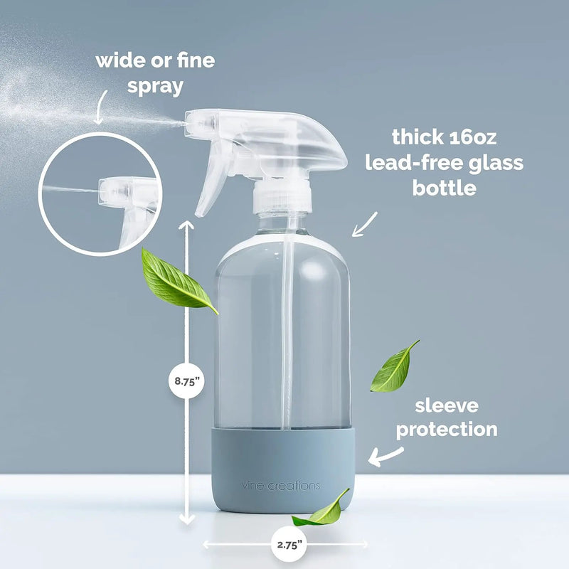 Vine Creations Glass Spray Bottles for Cleaning Solutions, Clear Glass Spray Bottle with Silicone Sleeve, 16 oz Empty Spray Bottles for Cleaning, Plant Spray Bottle, Mist and Stream Nozzle - 2 Pack by GreenHaven Gardens
