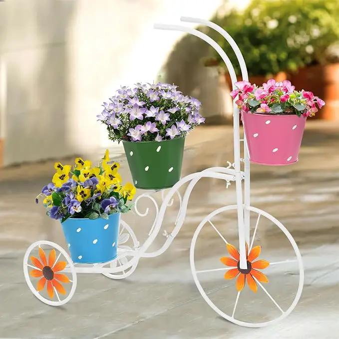 BAYN Bicycle Planter Stand, Metal Flower Pot Cart Holder Tricycle Planter with 3 Plant Bucket Outdoor Decorative for Patio, Deck, Garden, Lawn by GreenHaven Gardens