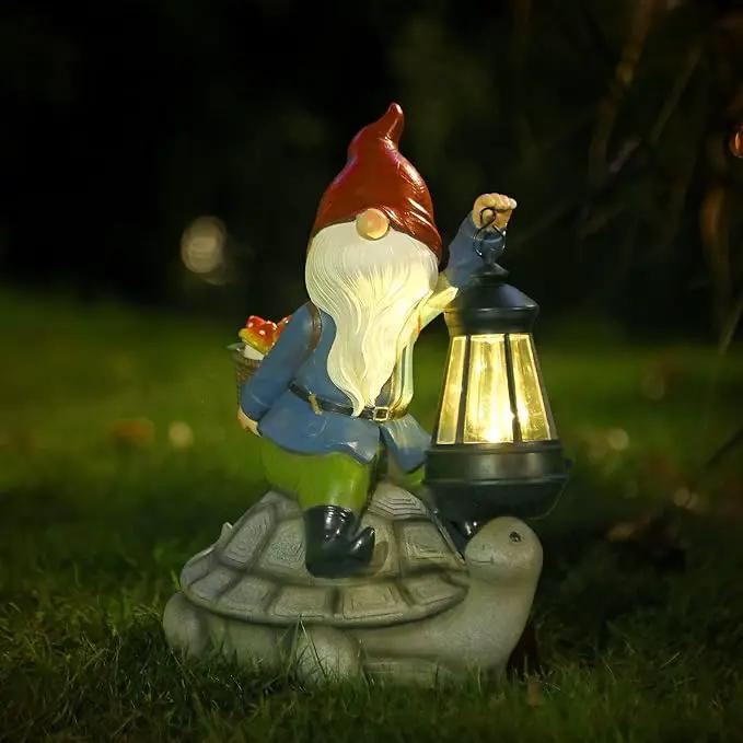 Gnome and Turtle Garden Decor, Large Outdoor Garden Sculptures & Statues, Outside Patio Yard Lawn Decorations, Housewarming for Women, Mom, Grandma with Solar Lantern by GreenHaven Gardens