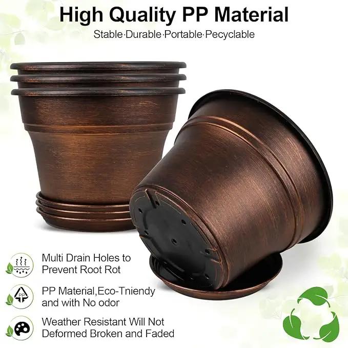 Plant Planters Pots Set of 4 Pack 13 Inch，Large Plastic Flower Pot for Indoor Plants with Drainage Holes & Trays, Resin Decorative Container Sets with Saucer for House Outdoor Garden Plant Copper by GreenHaven Gardens
