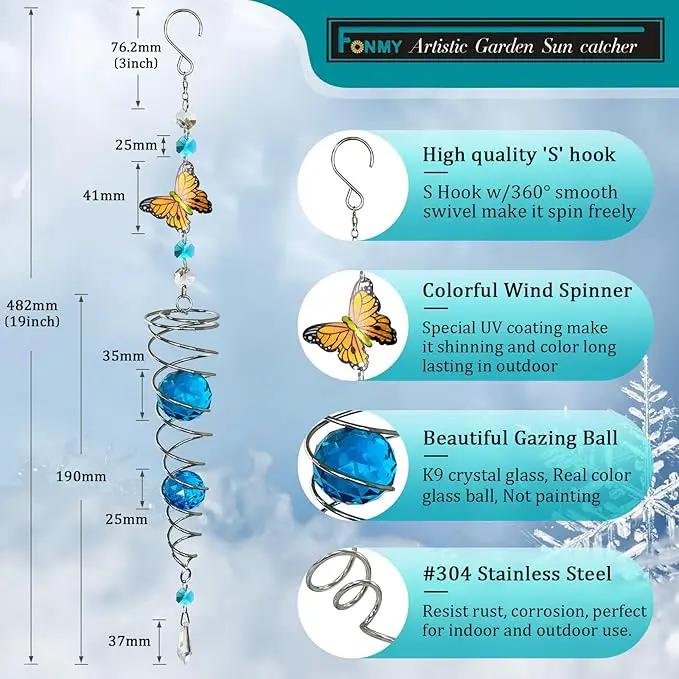 FONMY Butterfly Sun Catcher Gazing Ball Wind Spinner Rainbow Maker Silver Spiral W/ K9 Blue Crystal Ball Christmas Gfit Tree Hanging Ornament Indoor Outdoor Garden Decor. 19.5inch H by GreenHaven Gardens