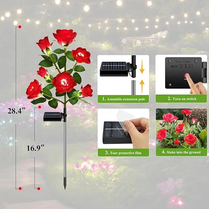 2 Pack Solar Garden Lights Outdoor, 7-Flower Rose LED Stake Light for Yard Patio Pathway Lawn Fence Cemetery, Red by GreenHaven Gardens