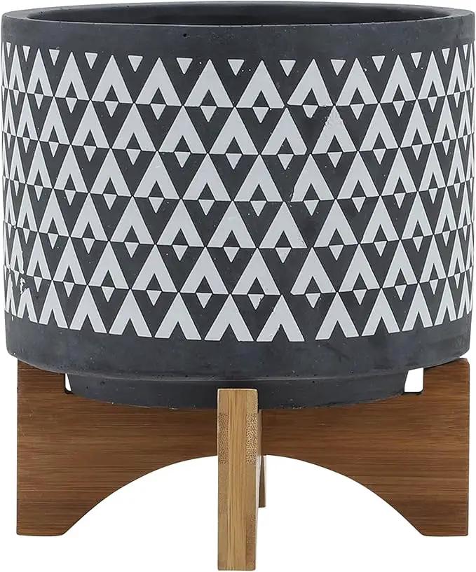 Sagebook Home 9" H 8" Diameter Dark Gray and Ivory Aztec Design Ceramic Planter with Solid Rubberwood Stand for Living Room, Bedroom, or Office by GreenHaven Gardens