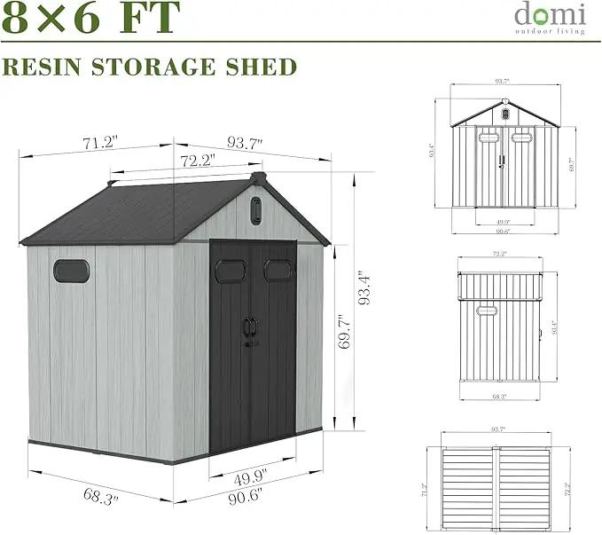 Domi 8x6FT Outdoor Resin Storage Shed with Transparent Windows & Louvered Vents, Plastic Tool Shed with Double Lockable Doors & Gable Roof, Outside Garden Shed for Backyard, Patio, Lawn, Grey by GreenHaven Gardens