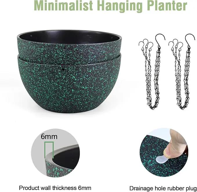 12 inch Large Hanging Planters for Indoor Outdoor Plants, 2 Pack Hanging Flower Pots with Drainage Holes and Chain, Plastic Hanging Baskets for House Plants, Black with Green Speckles by GreenHaven Gardens