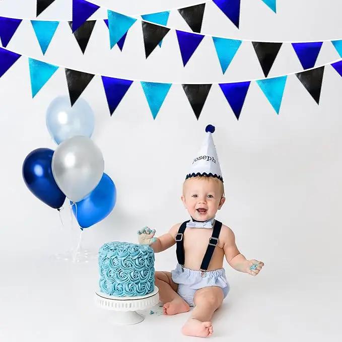 Black Blue Party Decorations Metallic Fabric Triangle Pennant Banner Flag Bunting Garland for Video Game Nautical Birthday Graduations Retirement Wedding Bachelorette Outdoor Holiday Party Supplies by GreenHaven Gardens
