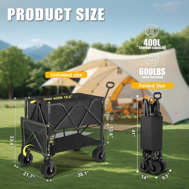 Double Decker Wagon Heavy Duty Collapsible, 600LBS 400L Capacity Foldable Utility Cart with Big Wheels for Beach, Outdoor, Camping & Gardening, Durable Steel Frame by GreenHaven Gardens