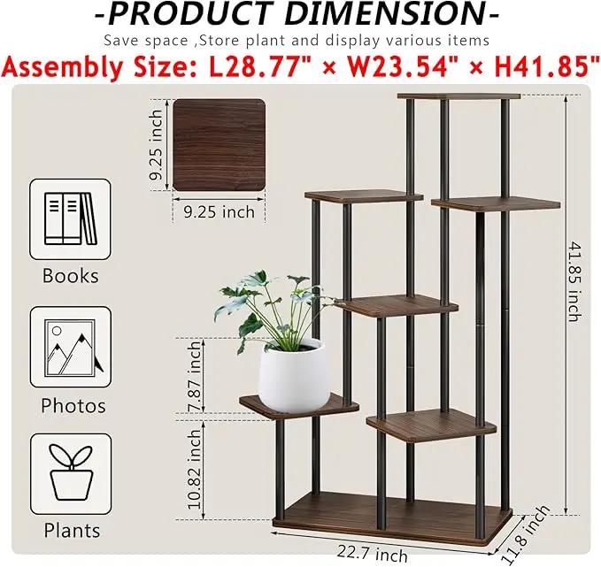 AZERPIAN Plant Stand 7 Tier Indoor Metal Flower Shelf for Multiple Plants Corner Tall Flower Holders for Patio Garden Living Room Balcony Bedroom, Black Oak by GreenHaven Gardens