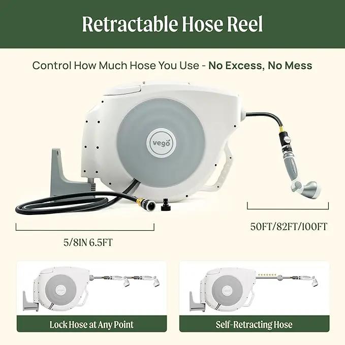 Vego Garden Hose Reel Retractable Hi-Flow x 100ft Wall Mounted Hose Reel Automatic Rewind, Any Length Lock with 9 Patterns Sprayer Nozzle, Quick Connector and Adjustable shot Nozzle-Cloud White by GreenHaven Gardens