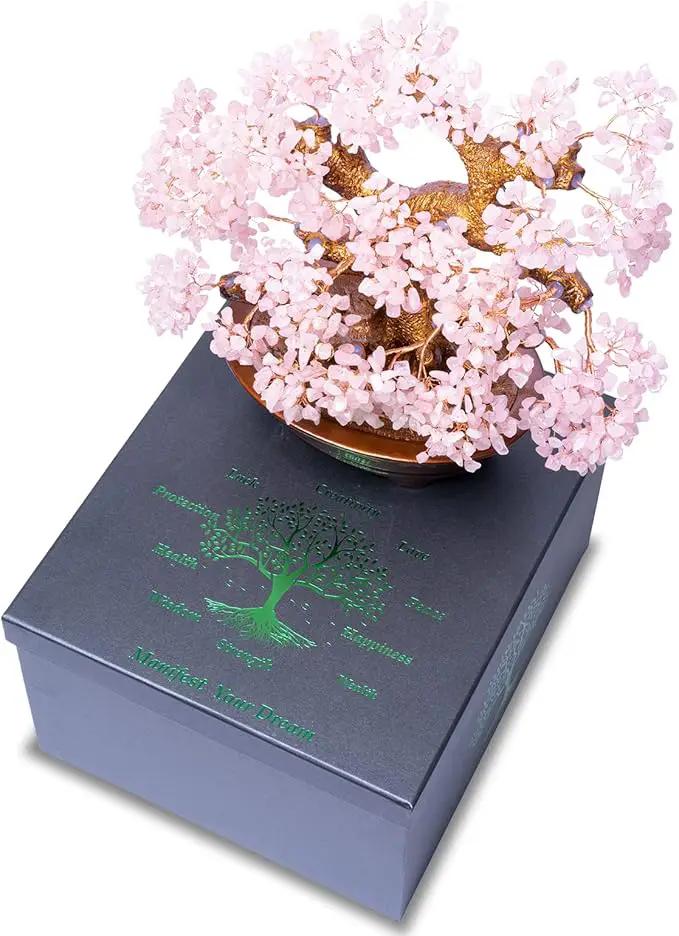 Natural Rose Quartz Tree Large,14" Chakra Crystal Tree(1,251 Gemstone Count) w/Lucky Coins Chain Healing Properties - Bonsai Feng Shui Money Tree for Love Self Care Home Office Decoration by GreenHaven Gardens