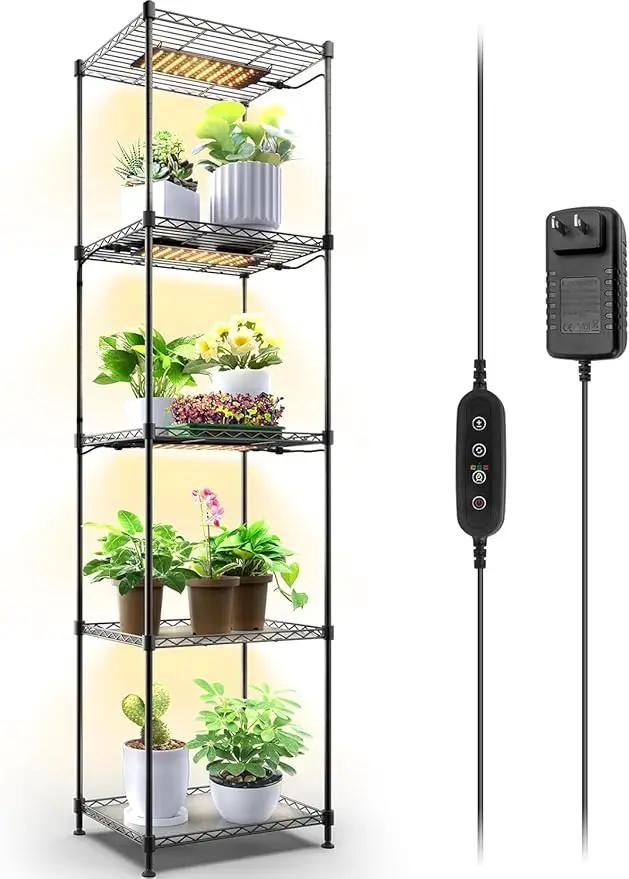 Barrina Plant Shelf with Grow Light, 5-Tier, Plant Stand with 40W Ultra-Thin Grow Light Panel for Hydroponics, Seedlings, Succulents, Flowers, Veg, 3/6/12h Timer, 15.7" L x 11.8" W x 59.1" H by GreenHaven Gardens