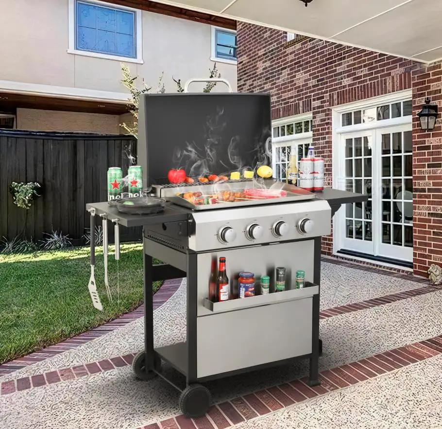4-Burner Propane Gas BBQ Grill with SS Plancha, 49,200 BTU Output, Wire Enamel Cooking Grids, Foldable Side Table and Hanging Basket, Heavy-Duty Stainless Steel Grill by GreenHaven Gardens