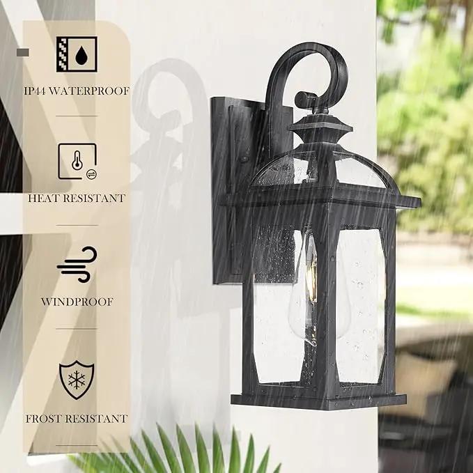 zeyu Outdoor Porch Light Wall Light Fixture, 15 Inch Exterior Wall Lighting for House, Die-Cast Aluminum with Seeded Glass, Black Finish, ZD100B BK by GreenHaven Gardens