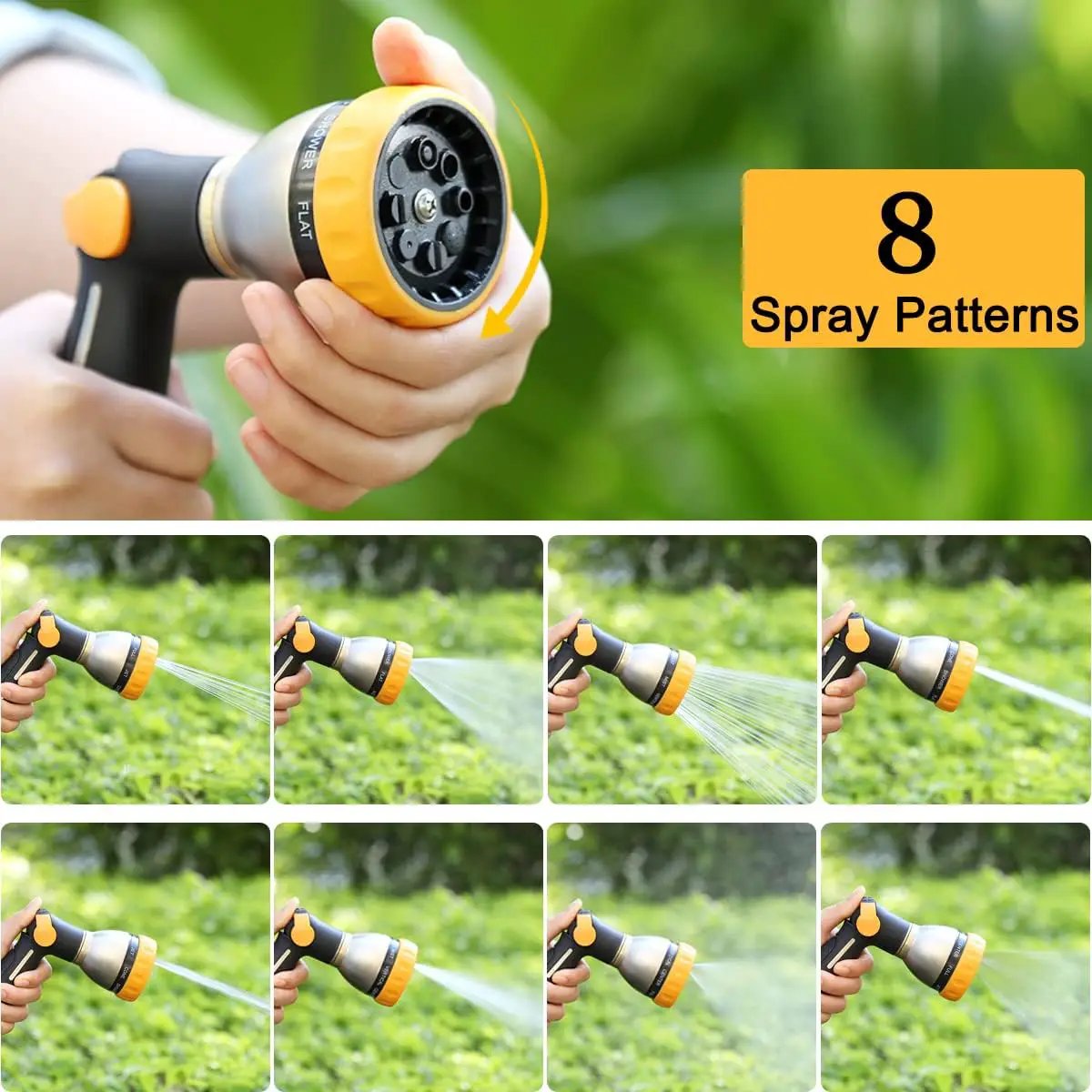 FANHAO Garden Hose Nozzle, 100% Heavy Duty Metal Spray Nozzle with Thumb Control, High Pressure Water Nozzle with 8 Adjustable Spray Patterns for Watering Plants, Washing Cars and Showering Pets by GreenHaven Gardens