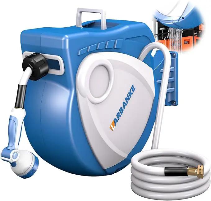 1/2 in × 100 ft Garden Hose Reel,Wall-Mounted Hose Reel with Bottom Drain,180° Rotating Bracket,with 10-Function Sprayer Nozzle,Lockable at Any Length,Equipped with Waterproof Bag(Blue) by GreenHaven Gardens