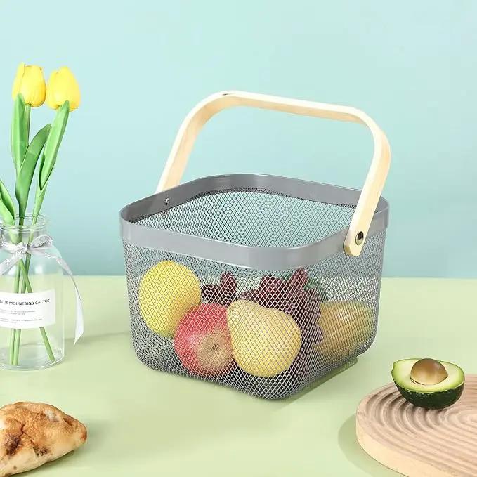 Metal Mesh Steel Basket, Storage Organizer Basket Multi-functional Hanging Kitchen Baskets Fruit Basket with Wooden Handle for Kitchen Bathroom Picnic Shopping Decor Cabinet Home, Grey by GreenHaven Gardens