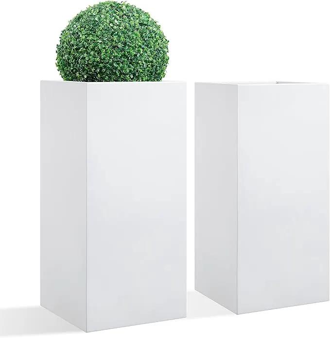 Metallic Heavy Tall Outdoor/Indoor Planter Box, Seamless Metal Planter, Rectangular, 14”Lx14”Wx30”H, ‎25 Pounds Each, Pure White, No Assembly and Seamless, Set of 2 by GreenHaven Gardens