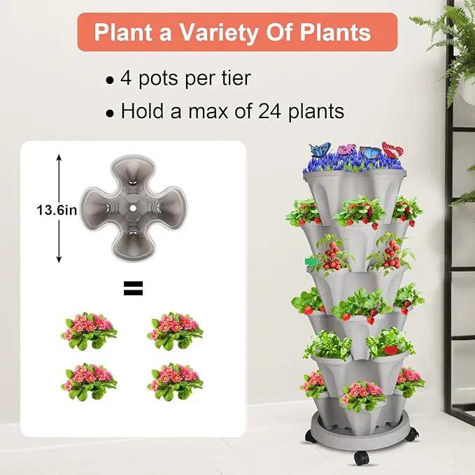 Vertical Planter, 6 Tier Stackable Strawberry Planter with Garden Tool Set, Movable Indoor/Outdoor Garden Herb Pot for Growing Vegetables and Succulents, Gray by GreenHaven Gardens
