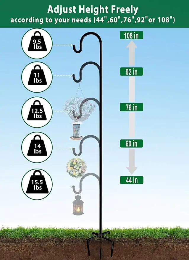Artibear Adjustable Outdoor Shepherd Hook Stand with 5 Prong Base, 108 Inches Tall 3/5 in Thick, Shiny Black (1 Packs) by GreenHaven Gardens