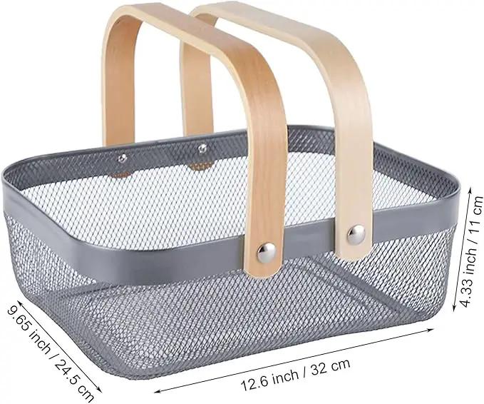 Metal Mesh Steel Basket, Storage Organizer Basket Garden Harvest Basket Multi-functional Kitchen Fruit Baskets Bin with Wooden Handle for Bathroom Picnic Shopping Decor Cabinet Home, Grey by GreenHaven Gardens