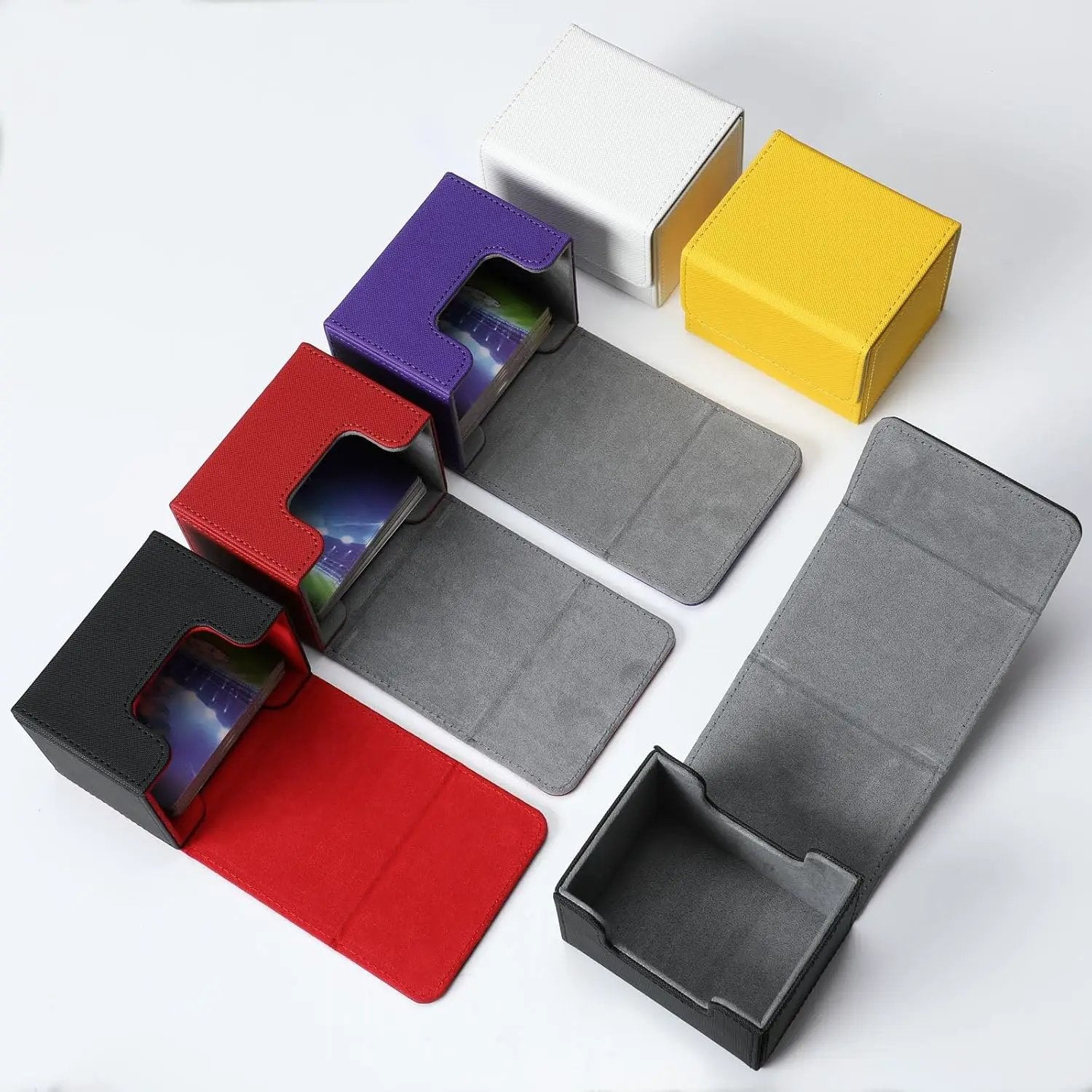 Yookeer 6 Pack Leather Deck Cases 100+ Card Deck Game Box Magnetic Playing Card Storage Box for 100 Plus Cards Compatible with Tcg(White,Black,Red,Yellow,Purple,Horizontal) by GreenHaven Gardens