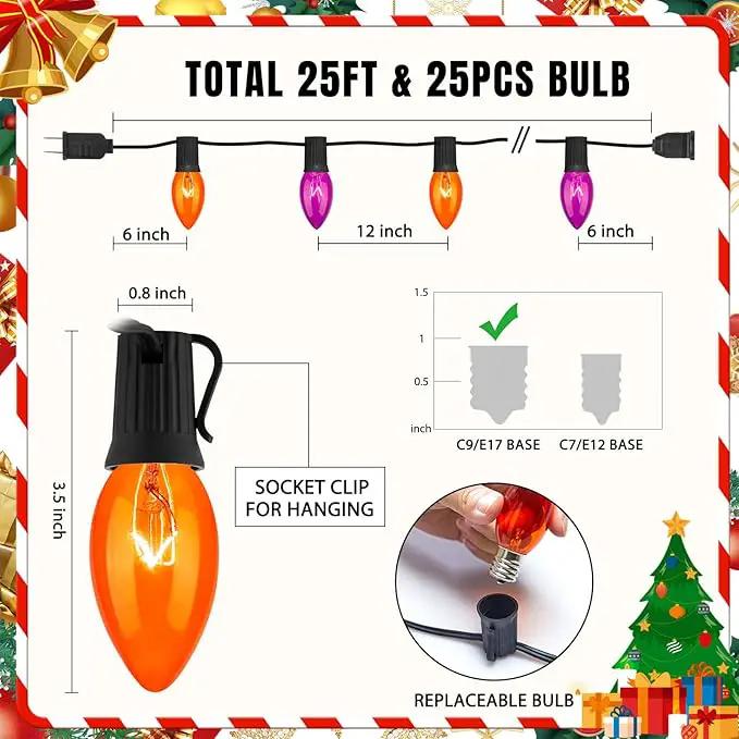 C9 Halloween Lights, Orange and Purple Halloween String Lights, Waterproof Halloween Lights for Outdoor Indoor Xmas Roofline Decor, Black Wire, 25 Feet by GreenHaven Gardens
