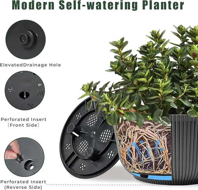 T4U 10 Inch Self Watering Planters, Plant Pots for Indoor and Outdoor Use, Home Decor Flower Pots, Plastic Planters with Drainage Hole & Plug for Plants, Flowers, Cactus, Garden, Set of 2, Gray by GreenHaven Gardens
