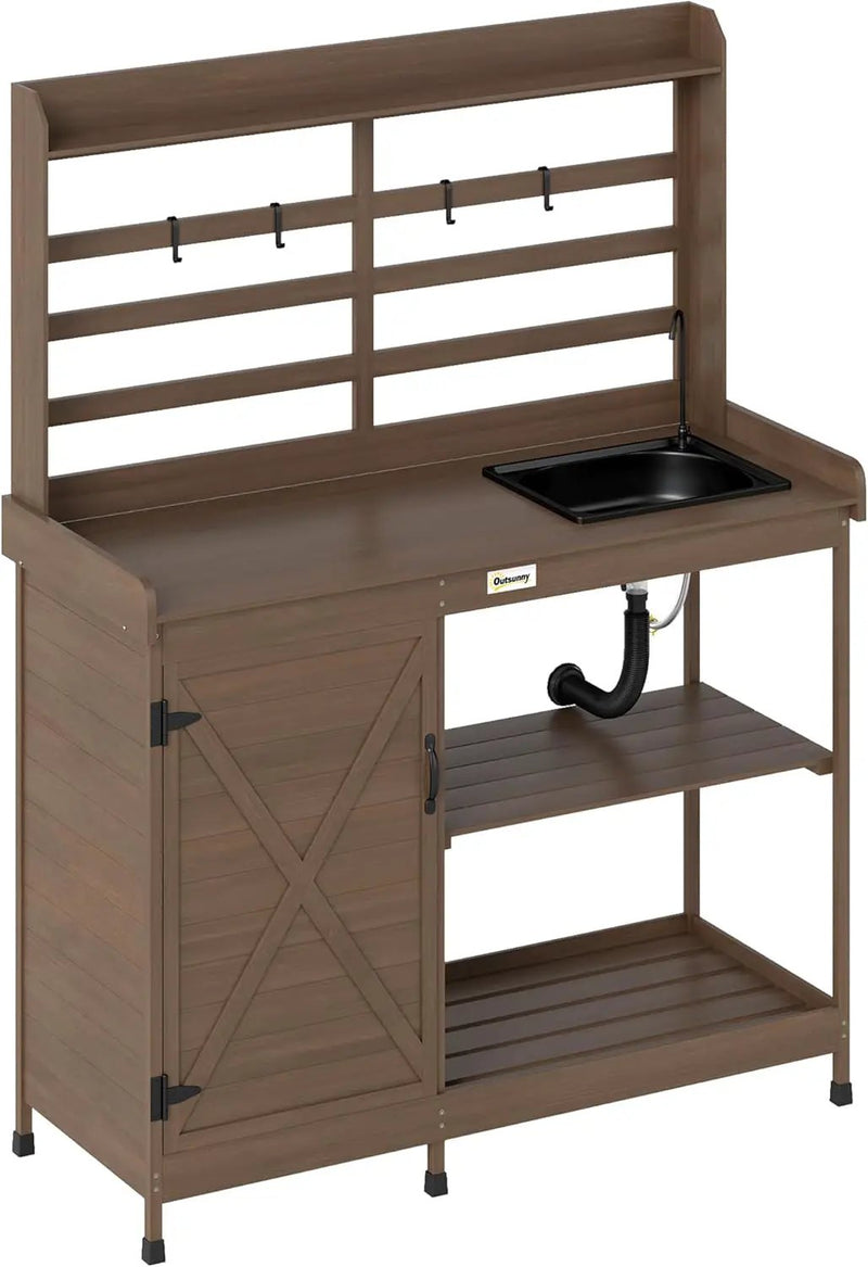 Outsunny Outdoor Wooden Potting Bench Table with Sink and Water Tap, Garden Workstation with Storage Cabinet, Storage Shelves for Backyard, Patio, Balcony, Dark Brown by GreenHaven Gardens