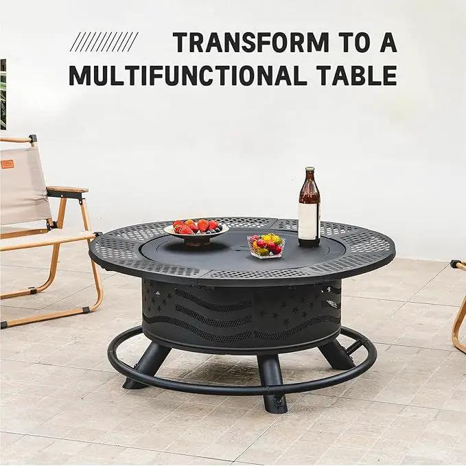 36 Inch Fire Pit with 2 Cooking Grates, Outdoor Wood Burning BBQ Grill Firepit Bowl with Cover Lid, Steel Round Table for Backyard Bonfire Patio Picnic (Black, 36IN) by GreenHaven Gardens