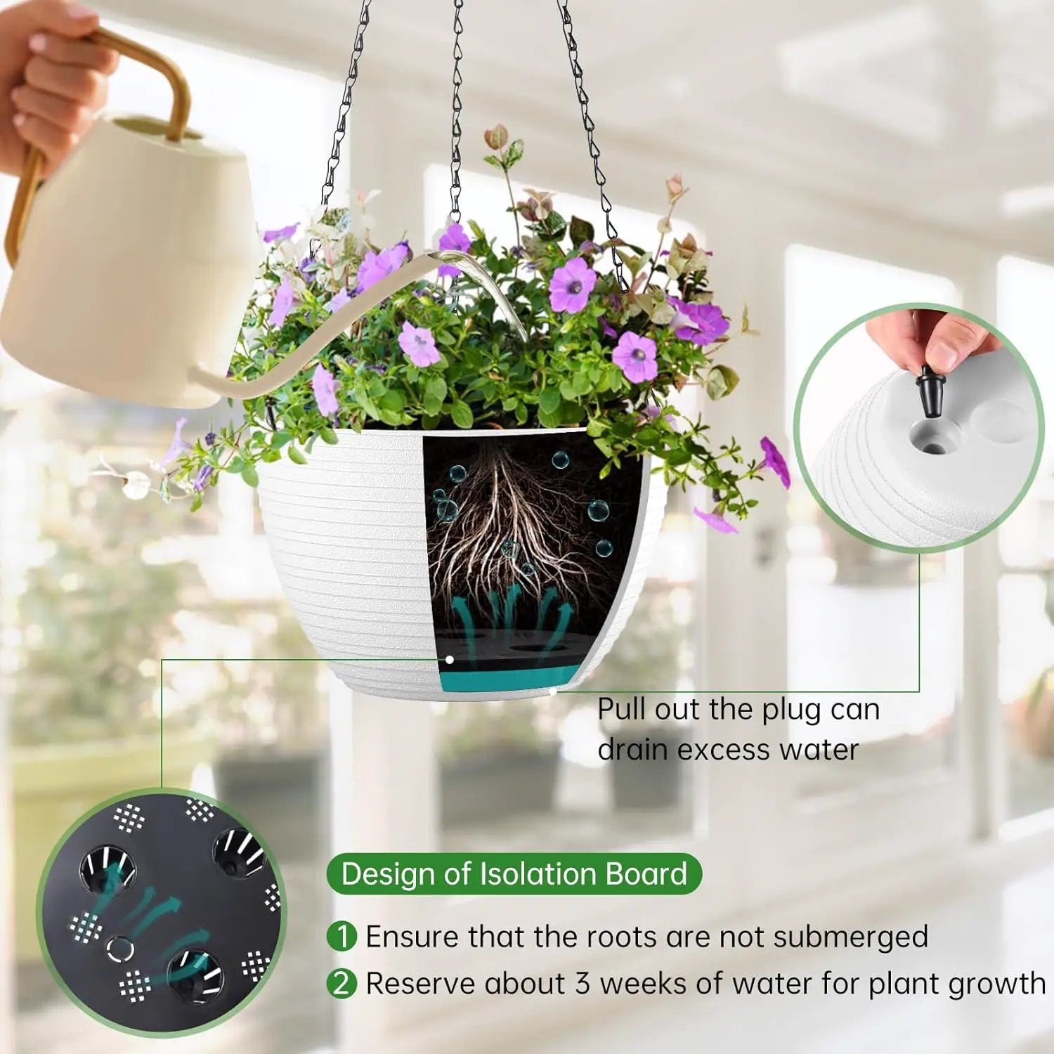 Hanging Planters for Indoor Outdoor Plants, Set of 2 Self Watering Hanging Pots with Drainage Hole & Plug and 20" Chain & Hooks by GreenHaven Gardens