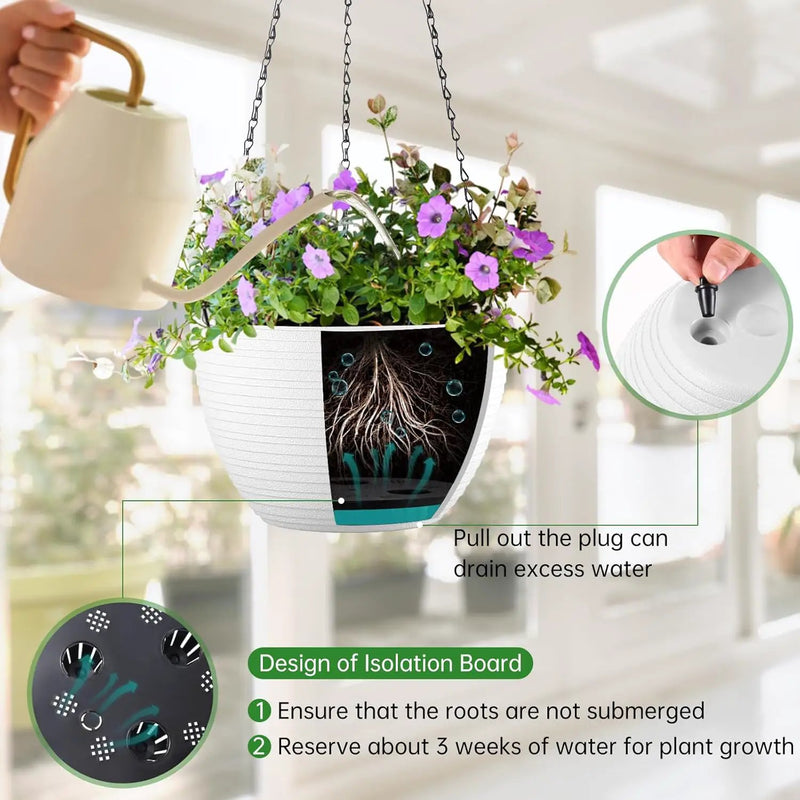 Hanging Planters for Indoor Outdoor Plants, Set of 2 Self Watering Hanging Pots with Drainage Hole & Plug and 20" Chain & Hooks by GreenHaven Gardens
