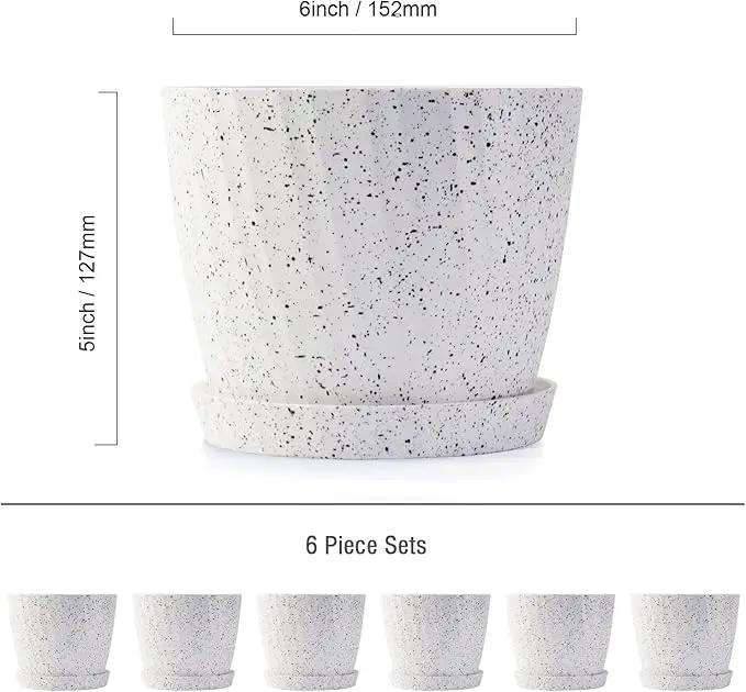 6 Inch Plant Pots Bulk, 6 Pack Plastic Planters with Drainage Holes and Saucers for Indoor Outdoor House Plants and Flowers,White Spots by GreenHaven Gardens